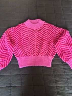 Sugarlips Hot Pink Fuzzy Chevron Crewneck Sweater